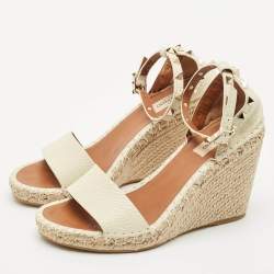 Valentino Cream Leather Rockstud Wedge Espadrille Ankle Strap Sandals Size 39