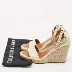 Valentino Cream Leather Rockstud Wedge Espadrille Ankle Strap Sandals Size 39