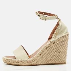 Valentino Cream Leather Rockstud Wedge Espadrille Ankle Strap Sandals Size 39