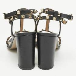 Valentino Black Leather Rockstud Block Heel Strappy Sandals Size 40