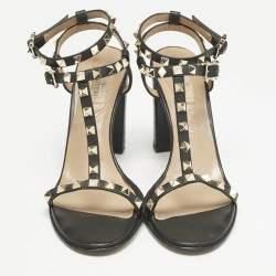 Valentino Black Leather Rockstud Block Heel Strappy Sandals Size 40