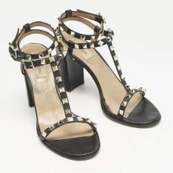 Valentino Black Leather Rockstud Block Heel Strappy Sandals Size 40
