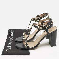 Valentino Black Leather Rockstud Block Heel Strappy Sandals Size 40