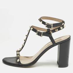 Valentino Black Leather Rockstud Block Heel Strappy Sandals Size 40