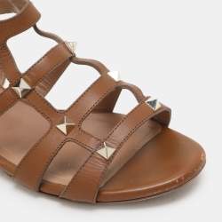 Valentino Brown Leather Rockstud Gladiator Flat Sandals Size 36