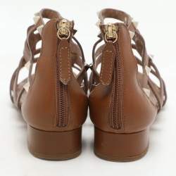 Valentino Brown Leather Rockstud Gladiator Flat Sandals Size 36