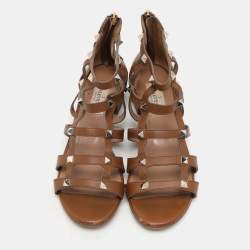 Valentino Brown Leather Rockstud Gladiator Flat Sandals Size 36