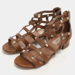 Valentino Brown Leather Rockstud Gladiator Flat Sandals Size 36