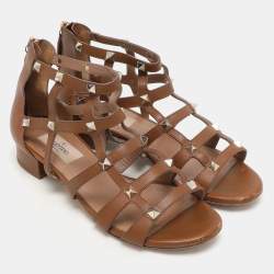Valentino Brown Leather Rockstud Gladiator Flat Sandals Size 36