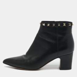 Valentino Black Leather Rockstud Pointed Toe Block Heel Ankle Boots Size 36