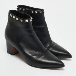 Valentino Black Leather Rockstud Pointed Toe Block Heel Ankle Boots Size 36