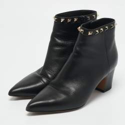Valentino Black Leather Rockstud Pointed Toe Block Heel Ankle Boots Size 36