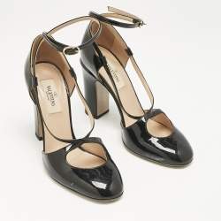 Valentino Black Patent Leather Ankle Strap Block Heel Pumps Size 36