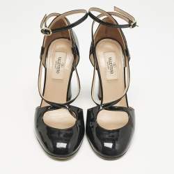 Valentino Black Patent Leather Ankle Strap Block Heel Pumps Size 36