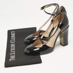 Valentino Black Patent Leather Ankle Strap Block Heel Pumps Size 36