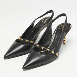 Pre Owned Valentino Black Leather Pointed Toe Rockstud Slingback Pumps Size 37