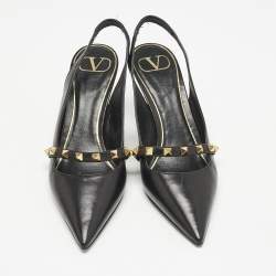 Pre Owned Valentino Black Leather Pointed Toe Rockstud Slingback Pumps Size 37