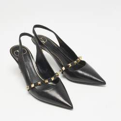 Pre Owned Valentino Black Leather Pointed Toe Rockstud Slingback Pumps Size 37