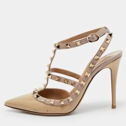 Pre Owned Valentino Beige Patent Leather Rockstud Ankle Strap Pumps Size 37.5