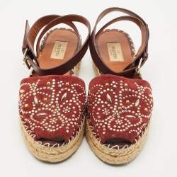 Valentino Burgundy Embellished Suede and Leather Ankle Strap Espadrille Flats Size 39