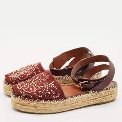Valentino Burgundy Embellished Suede and Leather Ankle Strap Espadrille Flats Size 39