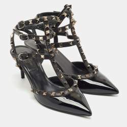 Valentino Black Patent Leather Rockstud Ankle Strap Pumps Size 37