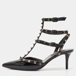 Valentino Black Patent Leather Rockstud Ankle Strap Pumps Size 37