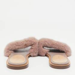 Valentino Dusty Pink Mink Fur Rockstud Flat Slide Sandals Size 39