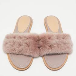 Valentino Dusty Pink Mink Fur Rockstud Flat Slide Sandals Size 39