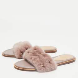 Valentino Dusty Pink Mink Fur Rockstud Flat Slide Sandals Size 39