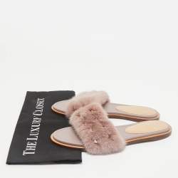 Valentino Dusty Pink Mink Fur Rockstud Flat Slide Sandals Size 39