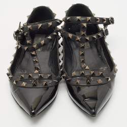 Valentino Black Leather and Patent Rockstud Cage Ballet Flats Size 38.5