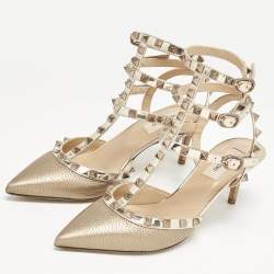 Valentino Metallic Gold Leather Rockstud Ankle Strap Pumps Size 38