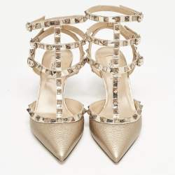 Valentino Metallic Gold Leather Rockstud Ankle Strap Pumps Size 38