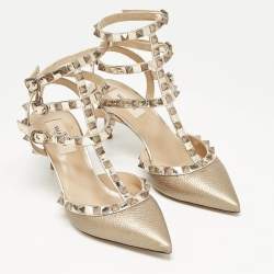 Valentino Metallic Gold Leather Rockstud Ankle Strap Pumps Size 38