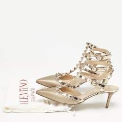 Valentino Metallic Gold Leather Rockstud Ankle Strap Pumps Size 38