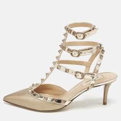 Valentino Metallic Gold Leather Rockstud Ankle Strap Pumps Size 38