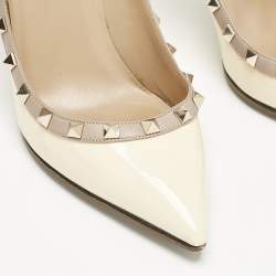 Valentino Cream/Beige Patent Leather Rockstud Pointed Toe Pumps Size 39.5