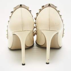 Valentino Cream/Beige Patent Leather Rockstud Pointed Toe Pumps Size 39.5