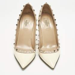 Valentino Cream/Beige Patent Leather Rockstud Pointed Toe Pumps Size 39.5