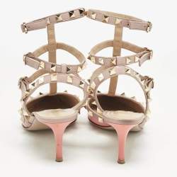 Valentino Orange/Beige Patent Leather Rockstud Caged Ankle Strap Pumps Size 37