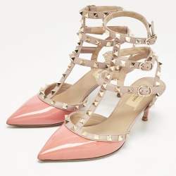 Valentino Orange/Beige Patent Leather Rockstud Caged Ankle Strap Pumps Size 37
