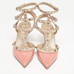 Valentino Orange/Beige Patent Leather Rockstud Caged Ankle Strap Pumps Size 37