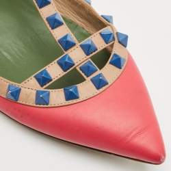 Valentino Pink/Beige Leather Rockstud Ankle Strap Ballet Flats Size 37
