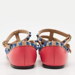Valentino Pink/Beige Leather Rockstud Ankle Strap Ballet Flats Size 37