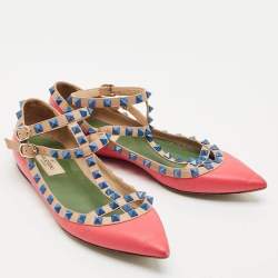 Valentino Pink/Beige Leather Rockstud Ankle Strap Ballet Flats Size 37