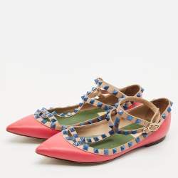 Valentino Pink/Beige Leather Rockstud Ankle Strap Ballet Flats Size 37
