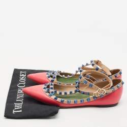 Valentino Pink/Beige Leather Rockstud Ankle Strap Ballet Flats Size 37