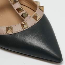 Valentino Black/Old Rose Leather Rockstud Ankle Strap Pumps Size 37