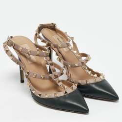 Valentino Black/Old Rose Leather Rockstud Ankle Strap Pumps Size 37